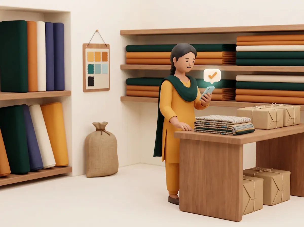 Illustration: a merchandiser on the stock floor, beside folded fabric and parcels, smiling at a task that has just arrived on her phone.